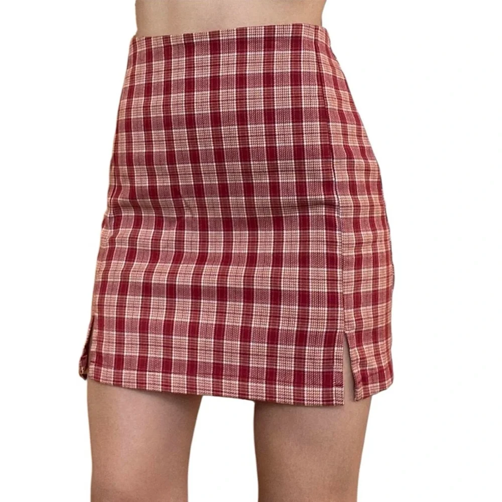 Brandy Melville John Galt Cara Plaid Mini Skirt Red Beige XS One Size 24” Waist